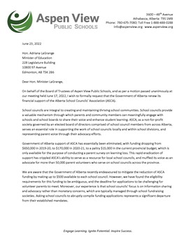 Aspen View Public Schools Support Letter for ASCA to Minister LaGrange