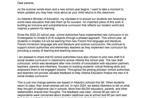 Education Minister's Letter to Parents Sept 2024