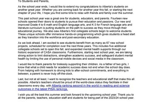 Education Minister's Letter to Parents