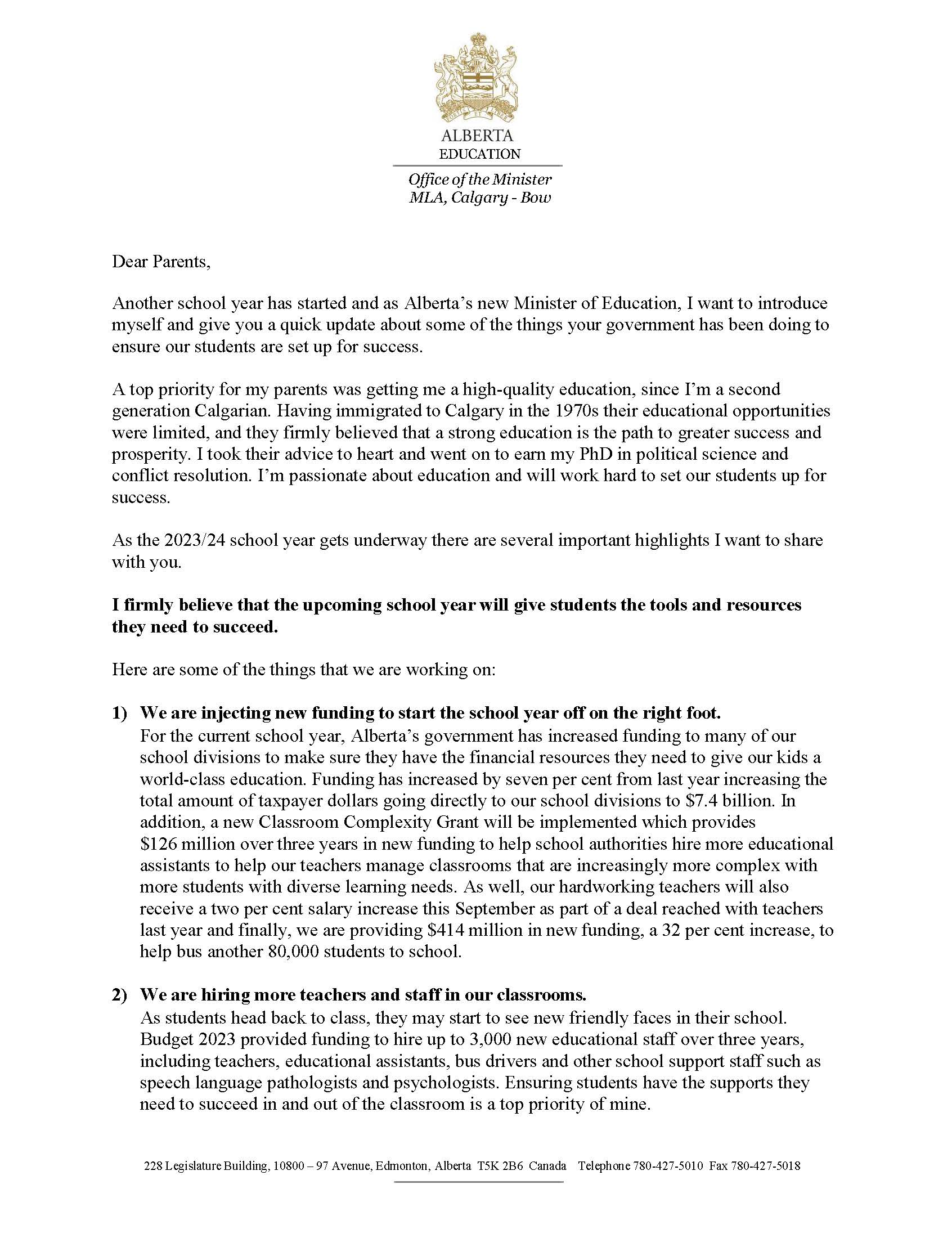 Minister Nicolaides' Back To School Letter: News - Alberta School ...