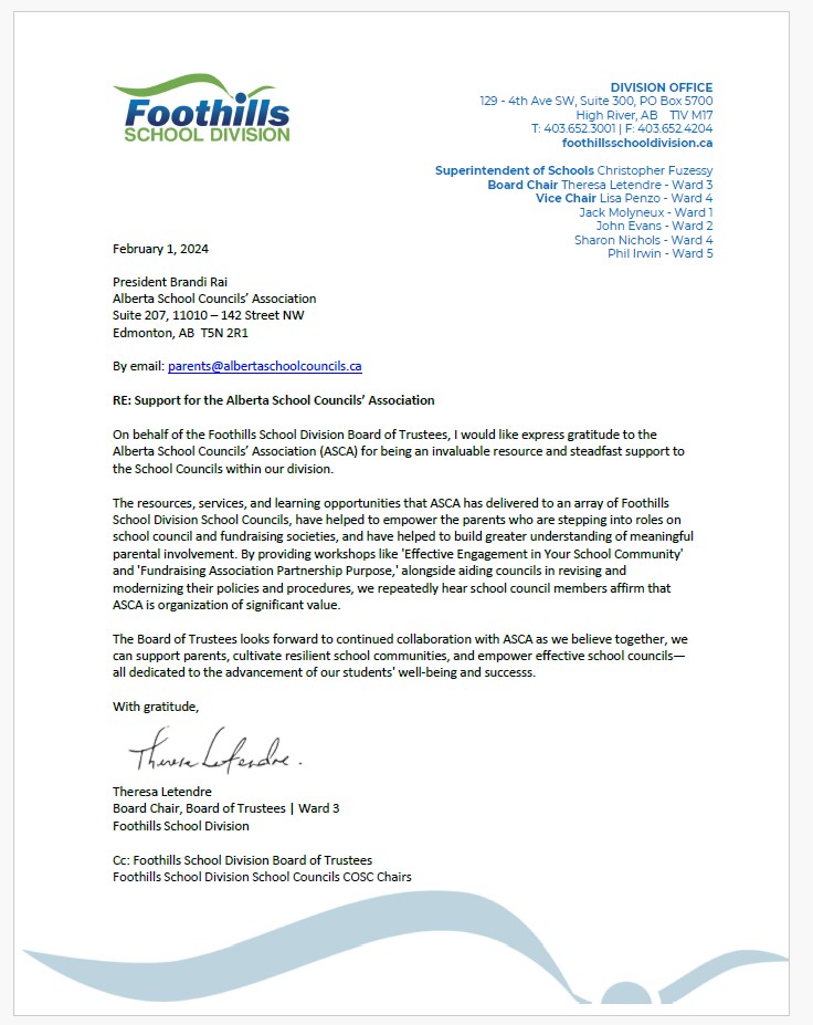 Support from Foothills School Division for the Alberta School Councils ...